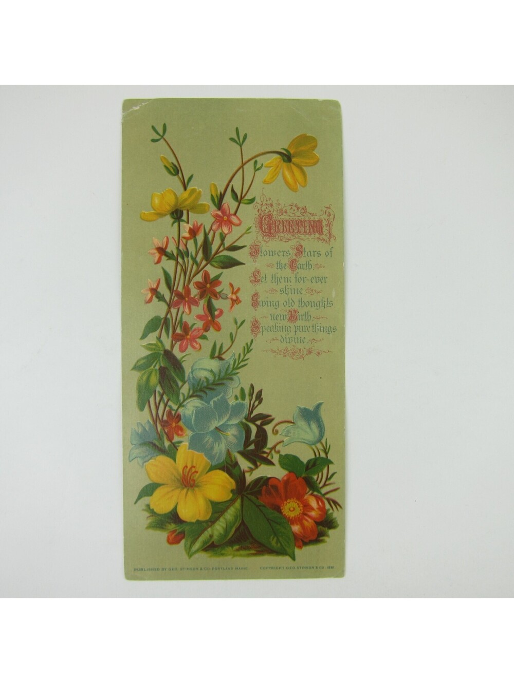 Victorian Greeting Card LARGE Flowers Red Yellow Blue Pink Antique 1881